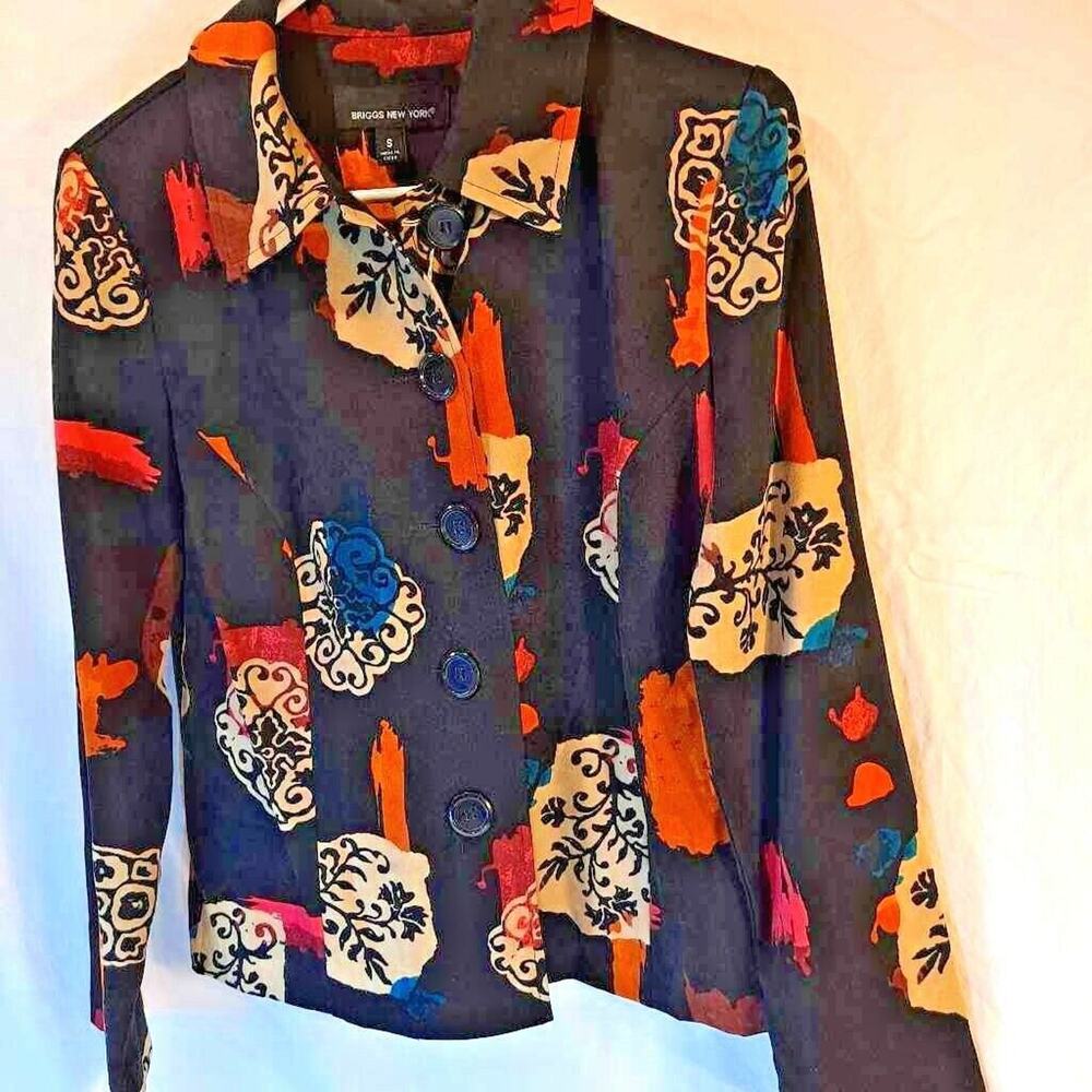 Briggs New York Women's Suit Jacket Blazer Black Orange Floral Stretch Buttons S